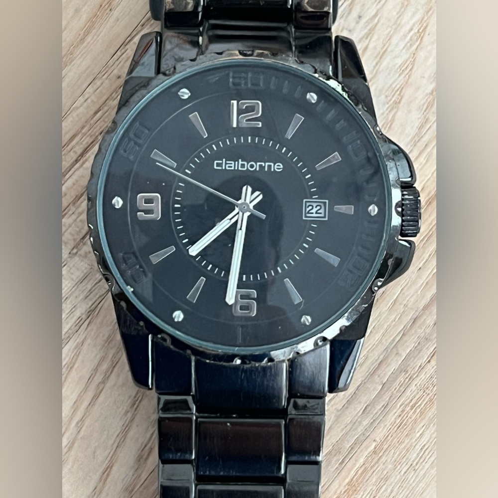 Claiborne Men’s Watch Black Dial Black Bracelet Date Window Stainless Hands